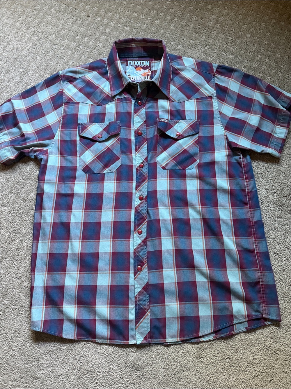 DIXXON Short Sleeve Plaid Button-Down Shirt - Burgundy & Light Blue